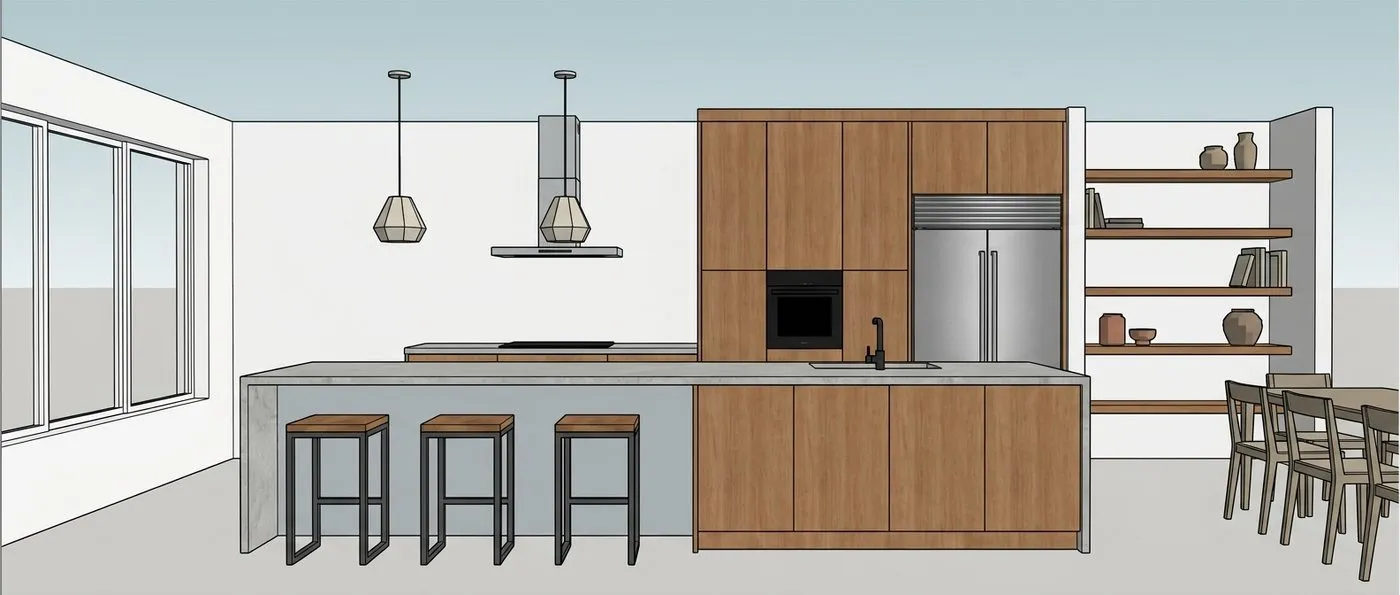 SketchUp view of a kitchen with an island, wooden cabinets and shelves