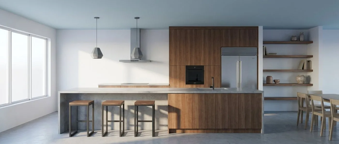 Realistic render of the same kitchen in morning light, with a concrete island and wooden cabinets