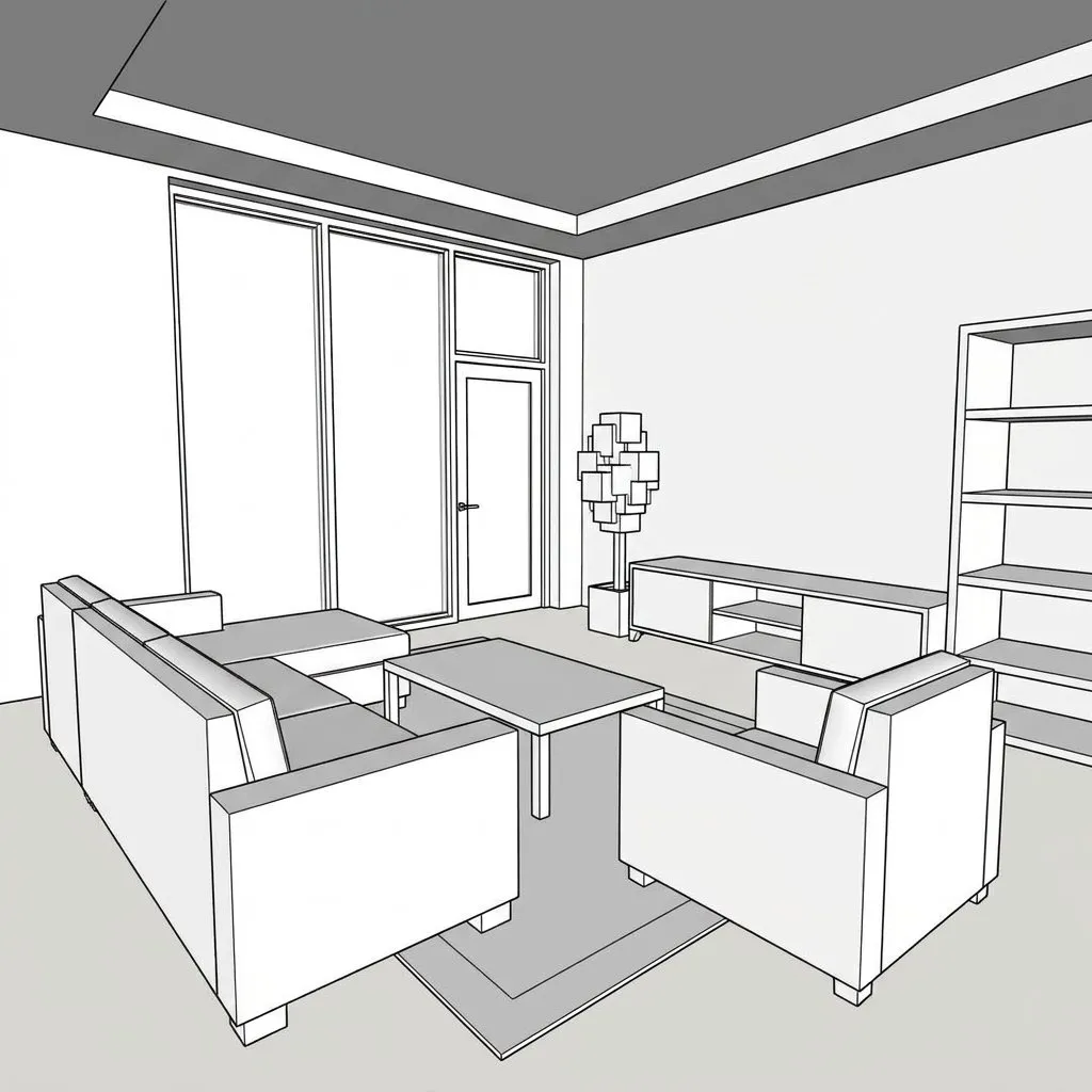 Living room modeled only as white volumes and lines in SketchUp