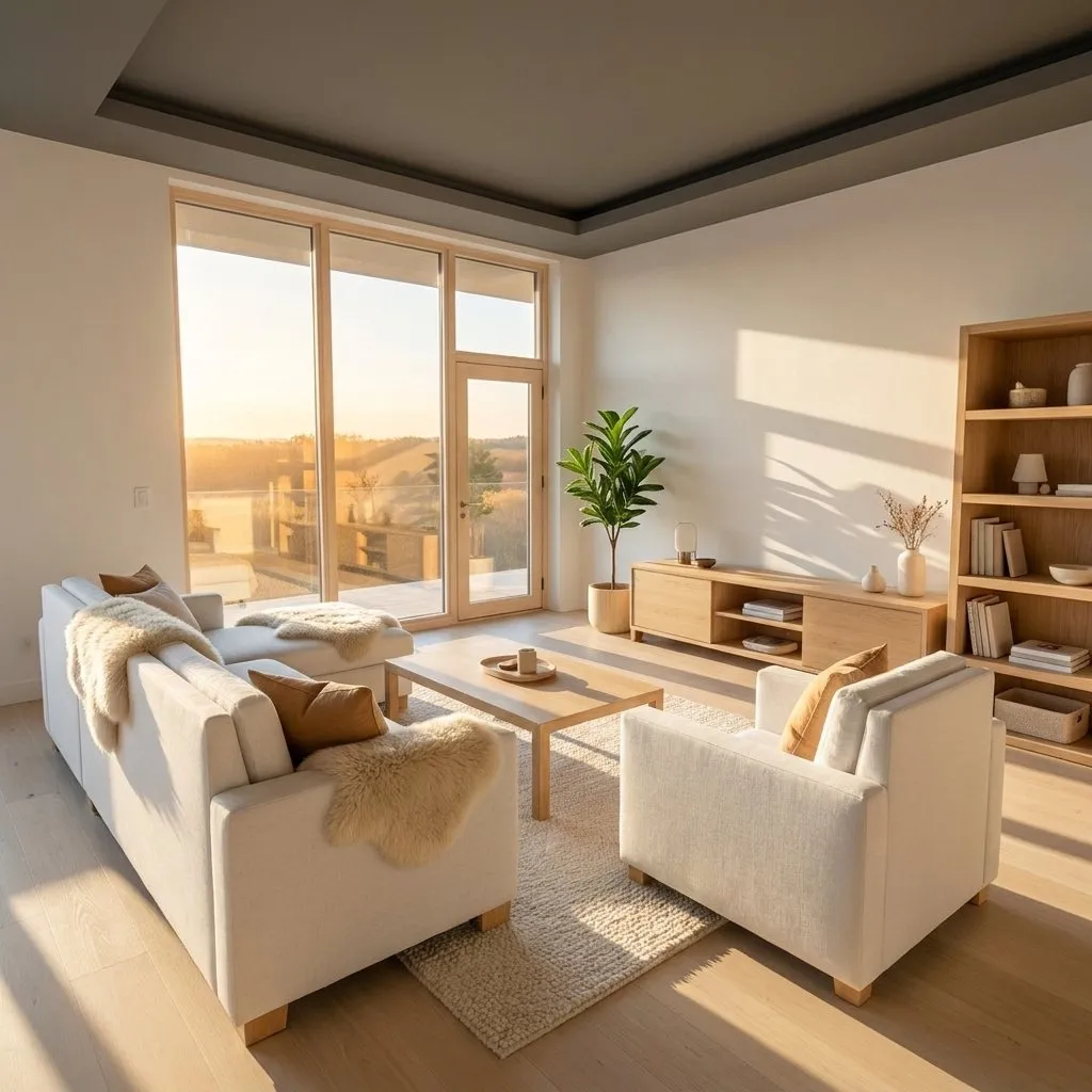 Scandinavian-style render of the living room, with a linen sofa, a wooden bookcase and late afternoon light
